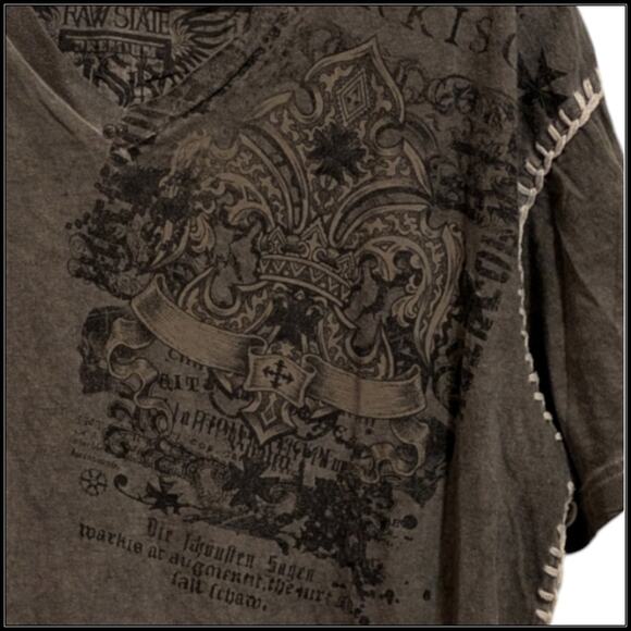 Vintage Affliction RAW STATE Fleur de Lis Vengeance V Neck Shirt Gray Men XL - Picture 3 of 7
